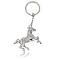 Polished silver metal horse keychain with leaping stallion pendant and ring on white background - War Horse Silver