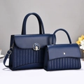 Dark blue two-piece tote bag set with V-shaped woven texture and golden metal hardware - Blue