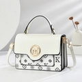 Elegant white leather crossbody handbag with floral prints and gold metallic M buckle - Off-white