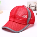Red breathable mesh baseball cap featuring grey reflective piping and sporty side detail - Red