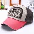 Retro colorblock motors racing baseball cap in beige, grey-black and red brim - Adjustable / Watermelon Red Brim + Coffee