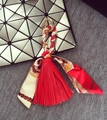 Red leather tassel keychain with floral silk scarf and golden ring accessory - 18cm / Red Tassel