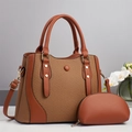 Brown woven leather tote bag set with matching pouch and orchid flower decoration - Khaki/Earth Yellow