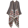 Detail of grey ethnic knit poncho with geometric stripes and yellow overlock stitching - Ethnic Khaki
