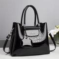 Glossy black stone pattern handbag with top handles and detachable shoulder strap - With Pouch Pendant / Black
