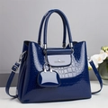 Navy blue crocodile pattern patent leather tote bag with matching mini charm and shoulder strap - With Pouch Pendant / Blue