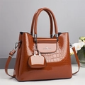 Brown crocodile embossed patent leather tote bag with mini purse set and silver hardware - With Pouch Pendant / Earthy Yellow
