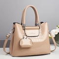 Chic beige stone pattern patent leather handbag with matching mini pouch and shoulder strap - With Pouch Pendant / Khaki
