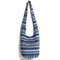 Ethnic bohemian canvas crossbody hobo bag featuring blue geometric patterns and wide strap - Green