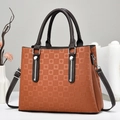 Fashionable orange checkered embossed tote bag with top handles and adjustable strap - Checkerboard Polka Dot Tan