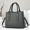 Gray checkerboard patterned tote bag with brown handles and removable strap - Checkerboard Polka Dot Grey