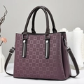 Fashionable lavender multi-layer tote bag with geometric embossing and brown handles - Checkerboard Polka Dot Purple