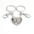 Sparkling rhinestone heart-shaped Mother Daughter split keychain set in silver metal - White