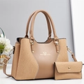Elegante set di borsa a mano beige con portafoglio coordinato e dettagli dorati - Cachi