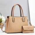 Khaki pleated tote bag and matching wallet set with gold hardware for women - Khaki