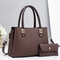 Elegant dark brown textured tote bag with matching wallet and golden hardware - Coffee