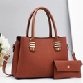 Brown pleated faux leather tote bag and matching wallet set with golden hardware details - Earthy Yellow
