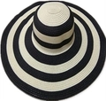 Summer wide brim sun hat featuring stylish black and white stripes in woven straw texture - One Size (Adult) / Black & Beige Stripes