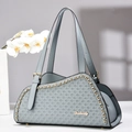 Minimalist light blue handbag with geometric woven texture and gold chain trim for women - Light Blue