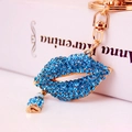 Fashionable sparkling blue rhinestone red lip keychain with mini lipstick pendant - Blue
