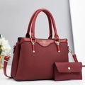 Burgundy three-layer tote bag and matching long wallet set with gold hardware details - Red