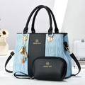 Elegant two-piece handbag set with large tote and small pouch in blue and black textured leather - Black with Blue