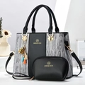 Set elegante borsa a mano in tela a righe nere con tracolla e ciondolo con nappa - Nero con Grigio