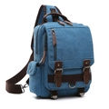 Borsa da petto vintage in tela blu con cinturini in pelle marrone e tracolla regolabile - Blu Cielo Monospalla