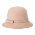 Elegant camel wool felt cloche hat for women featuring a stylish side ribbon bow decoration - 57cm Adjustable / Khaki