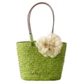 Straw woven beach handbag in green featuring a large white 3D flower decoration - Fruit Green