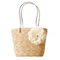 Borsa tote in paglia intrecciata a mano con fiore bianco e tracolle marroni - Colore paglia naturale