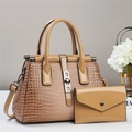 Elegant khaki crocodile pattern handbag set with shoulder strap and envelope pouch - Handbag + Clutch 2-Piece Set / Khaki