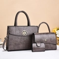 Three-piece dark grey textured PU leather handbag set with floral clasp and quilted detail - Gray