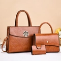 Three-piece set of elegant tan faux leather handbags with floral clasp and quilted texture - Khaki/Earth Yellow