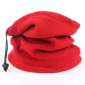 Detail of red fleece neck warmer with adjustable black drawstring and plastic toggle - Red