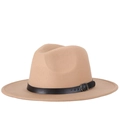 Classic khaki wool fedora hat with a black leather band and silver buckle on white background - Khaki