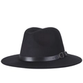 Classic black wide brim wool fedora hat with elegant leather band and metal buckle detail - Black