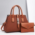 Caramel embossed leather handbag set with round metal handle and matching small pouch - Khaki/Earth Yellow