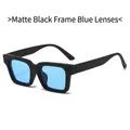 Retro square frame sunglasses featuring a matte black frame and blue lenses for a bold look - Sand Black Frame Blue Lens