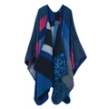 Aztec thick knit poncho in navy, red and leopard print blocks on white background - Blue Leopard Print