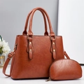 Brown faux leather handbag set with tote and matching pouch, elegant Korean style design - Khaki/Earth Yellow