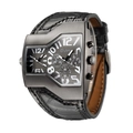 Oulm dual time watch with tonneau alloy case and black crocodile leather strap - Black