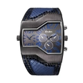 Men's oversized tonneau dual-time watch with grey textured dial and blue leather strap - Blue