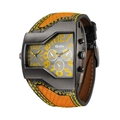 Oulm dual time zone men's watch with irregular large dial and orange leather strap - Yellow