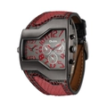 Detail of Oulm dual time watch with red snakeskin leather strap and tonneau alloy case - Red