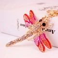 Golden dragonfly keychain with pink enamel gradient wings and sparkling rhinestones - Red