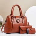 Ensemble de sacs 3 pièces en cuir marron caramel avec cabas, portefeuille et pochette - Grand Pack / Jaune Terre
