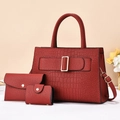 3-piece set of red faux crocodile leather handbags including tote, pouch, and card holder - Three-Piece Set / Red