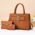 Three-piece brown leather handbag set including crocodile texture tote and matching pouches - Three-Piece Set / Earthy Yellow