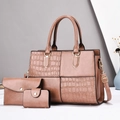 Three-piece stone pattern tote set with top handles and shoulder strap in brown leather - Handbag, Clutch and Card Holder / Pink